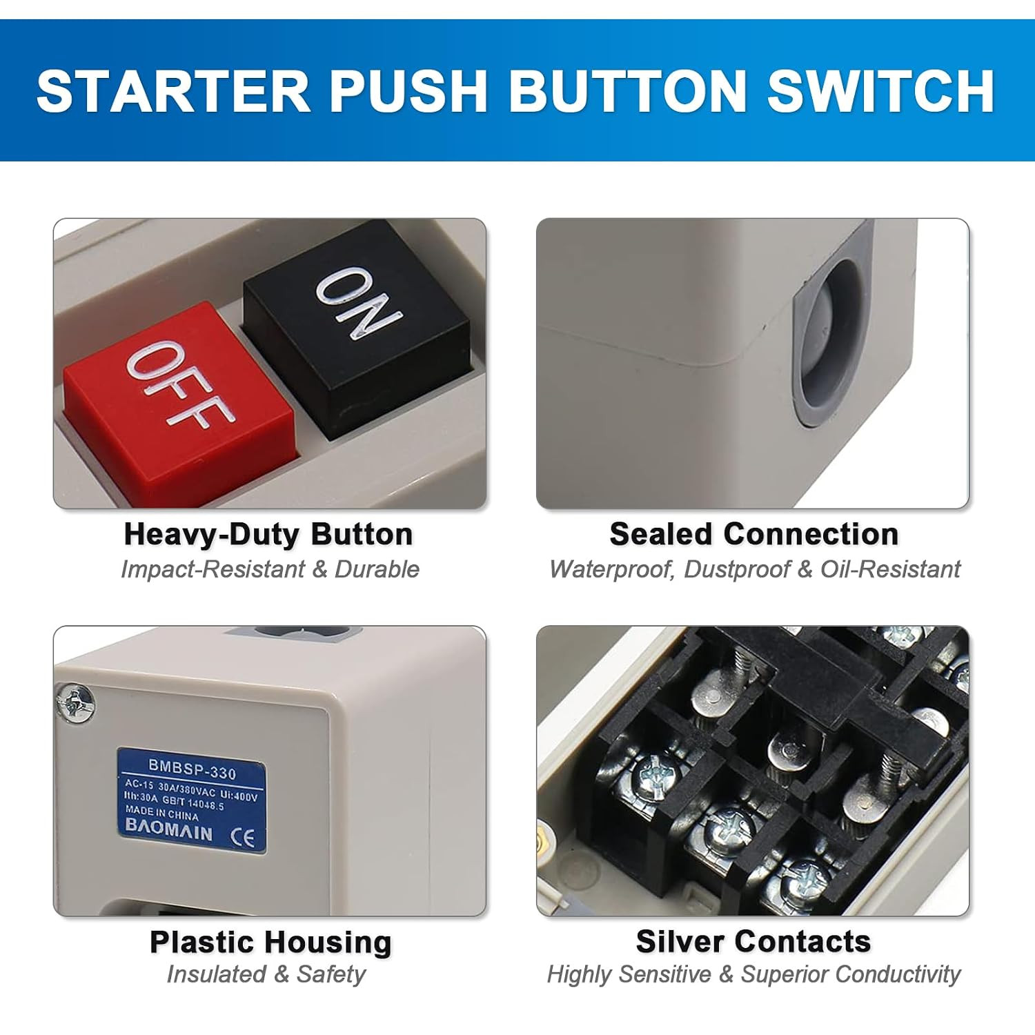 3-Phase 30A Motor Starter Switch,Self-Locking,Plastic Case | 3-Pole Self-Locking