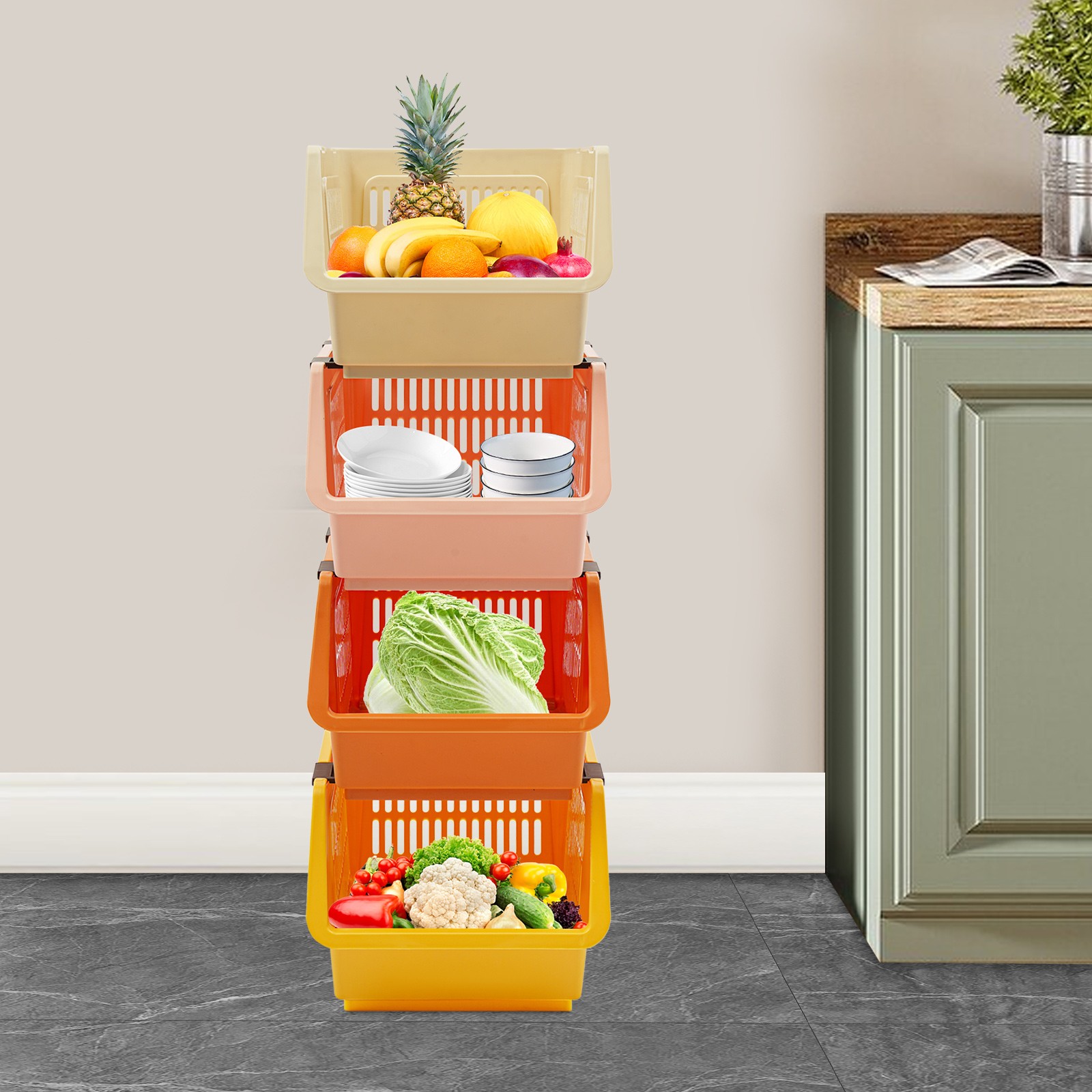 Stackable Plastic Bins - 4pc Large Plastic Organizer Box Cabinets Storage Bins