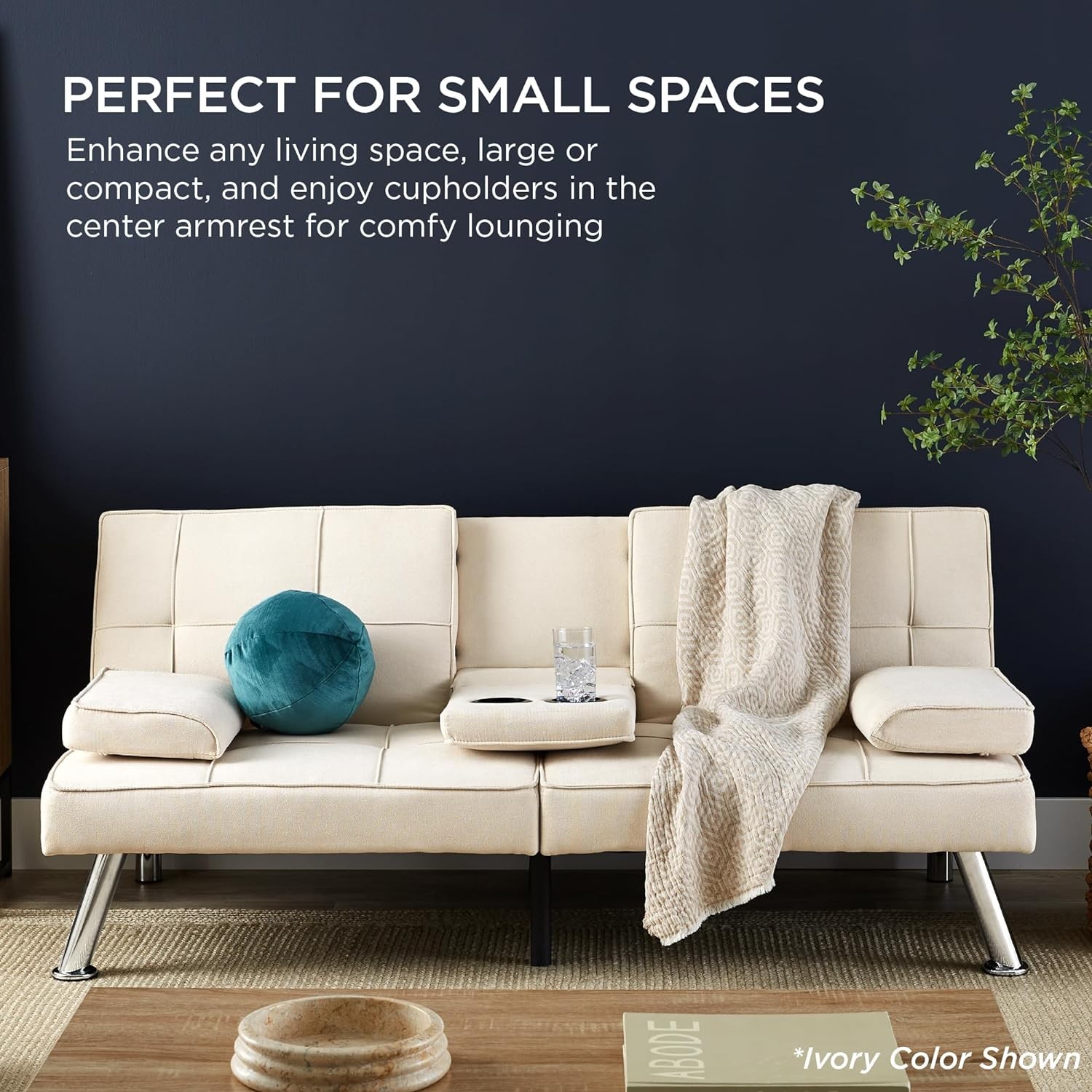 Linen Modern Folding Futon Reclining Sofa Bed Removable Armrests 2 Cupholders