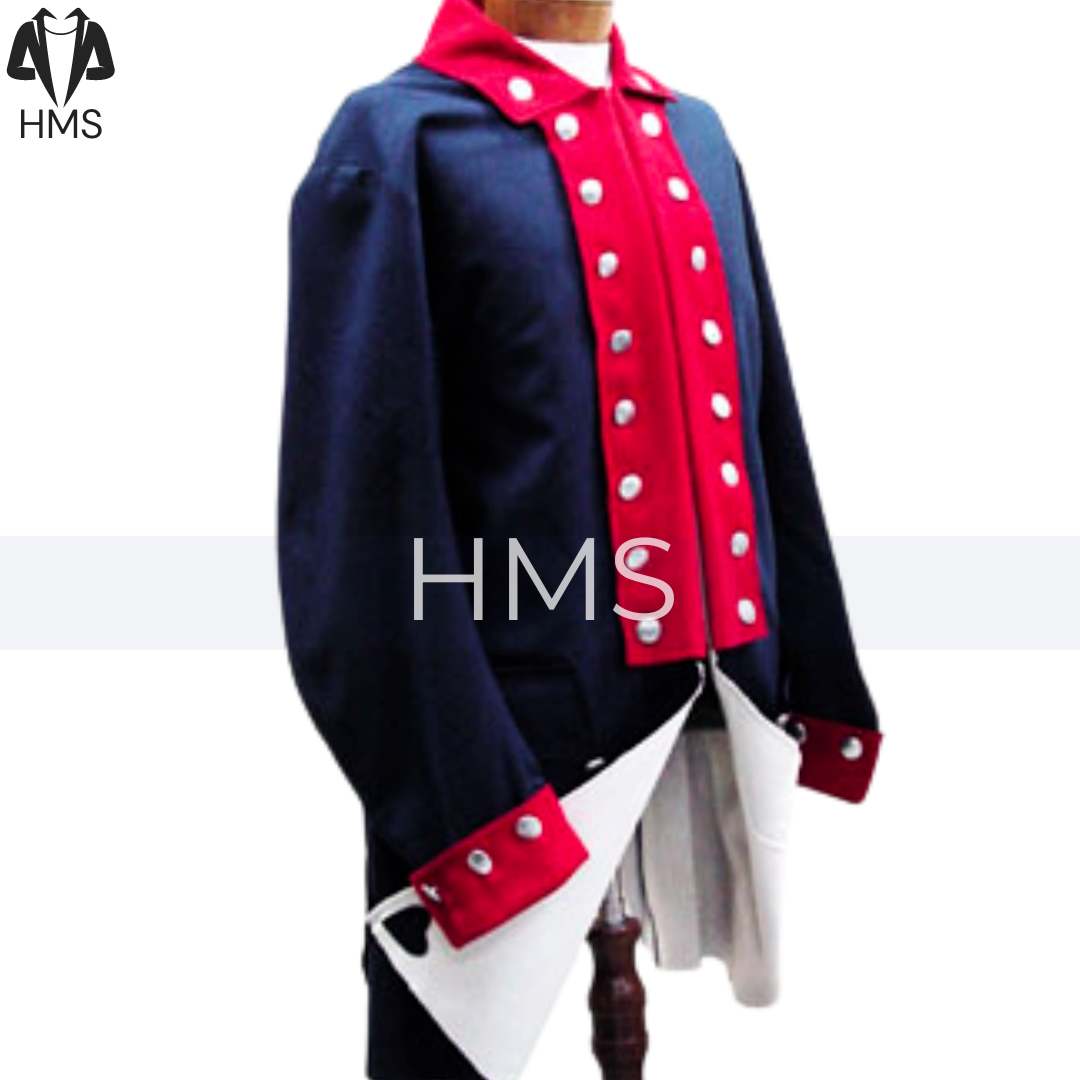 Men's George Washington Revolutionary War Coat, Navy Blue Red Wool Lapel Costume