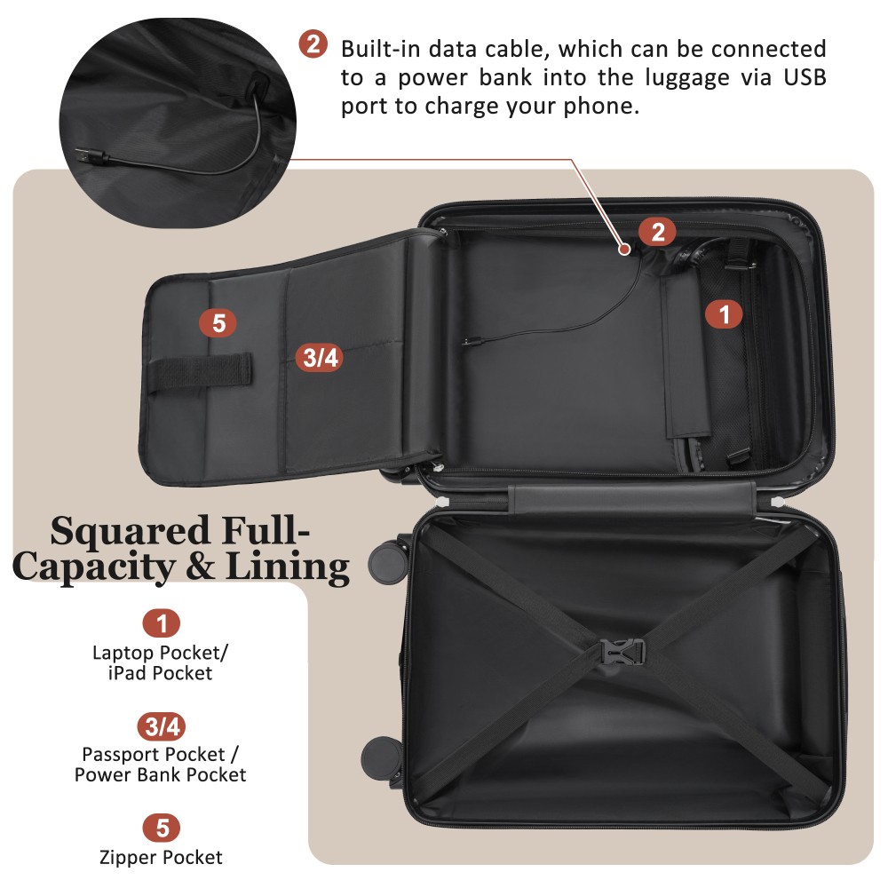 5pc Hardside Luggage Set, Half-Open, Spinner, USB, TSA Lock