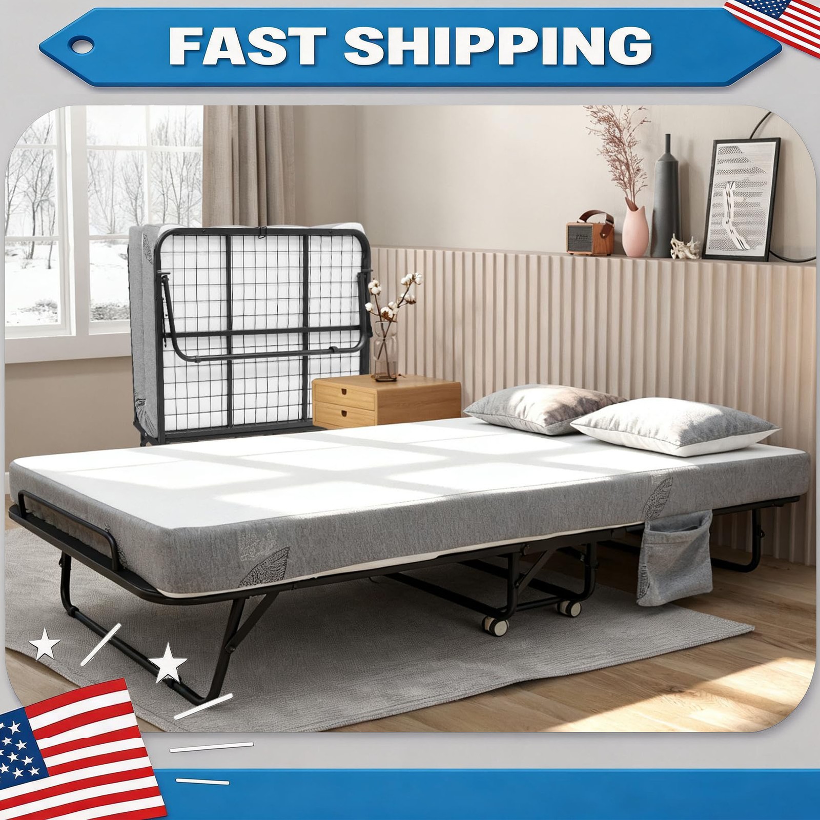 Folding Bed Rollaway Bed with 4cm Foam Mattress & Metal Frame For Adults & Guest