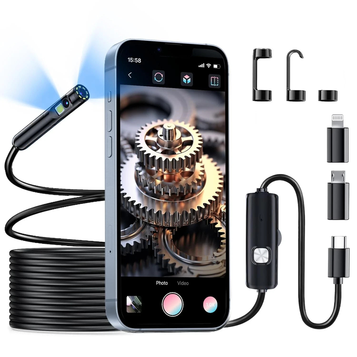 Dual Lens Endoscope Camera with Light  Borescope 1920P HD Inspection Camera with