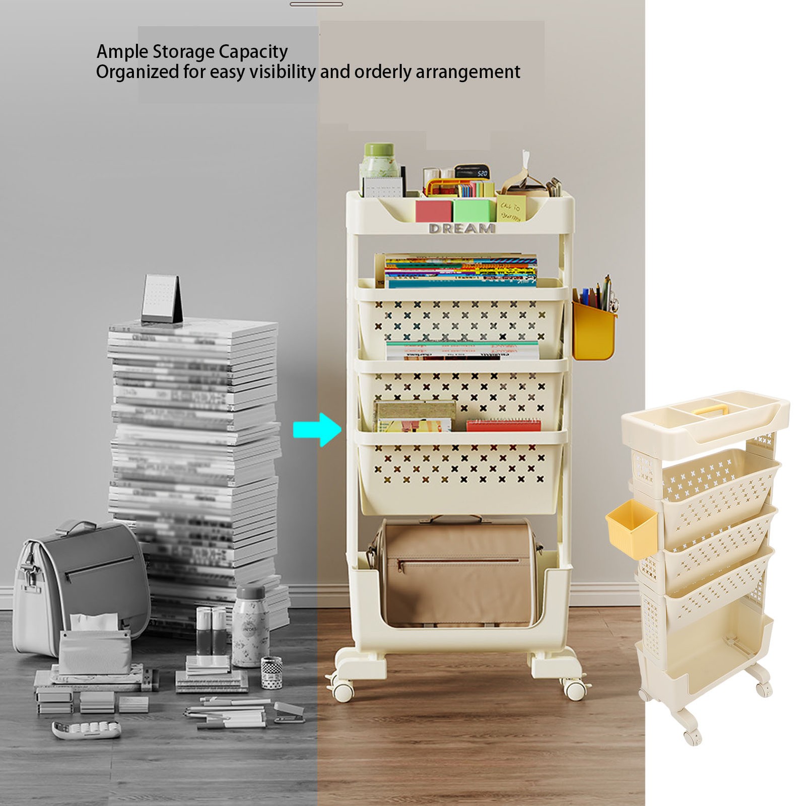 Rolling Book Cart 5 Tier Multi Functional Movable Storage Book Rack White