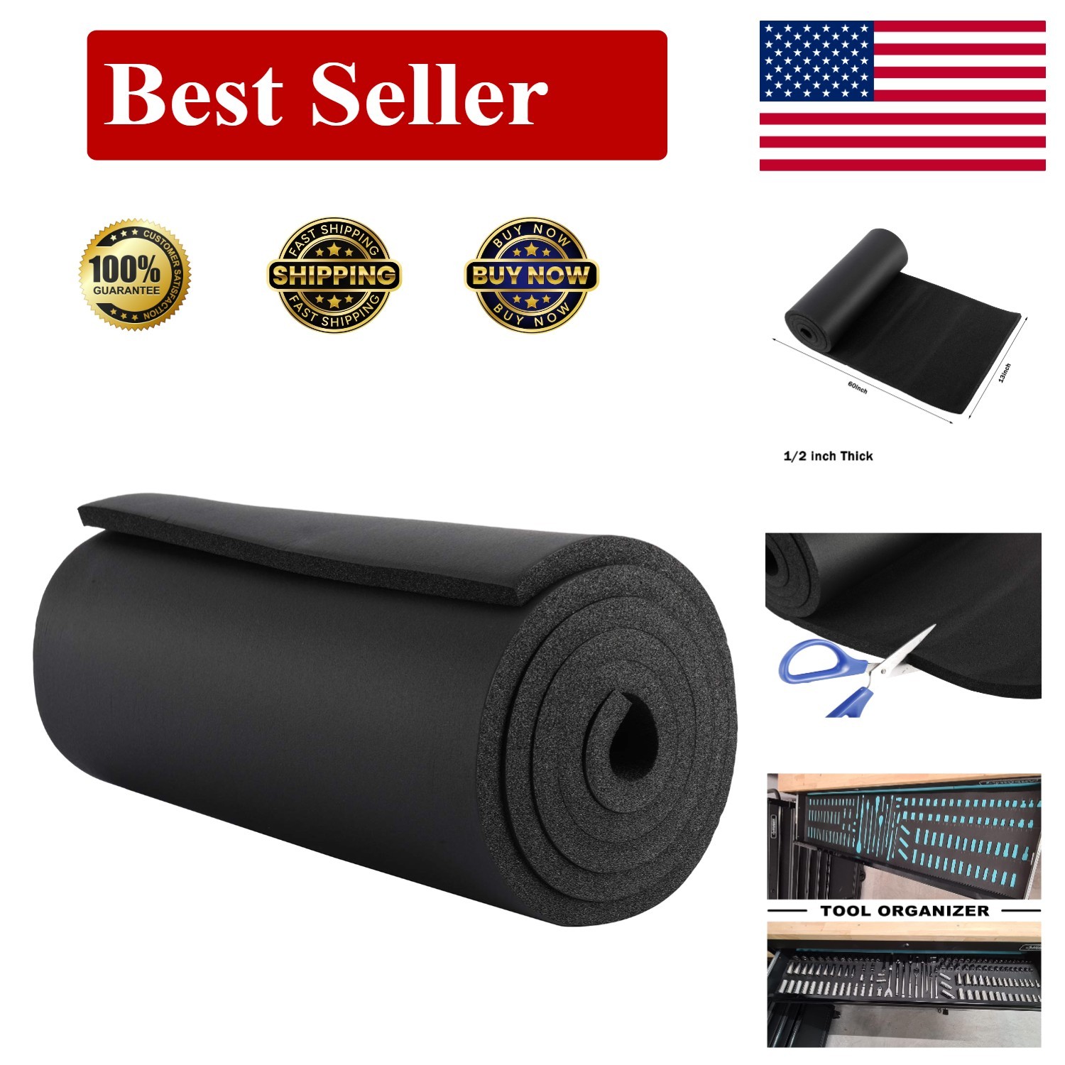 EPDM Closed Cell Foam Roll - Excellent for DIY, 1/2" T x 13" W x 60" L