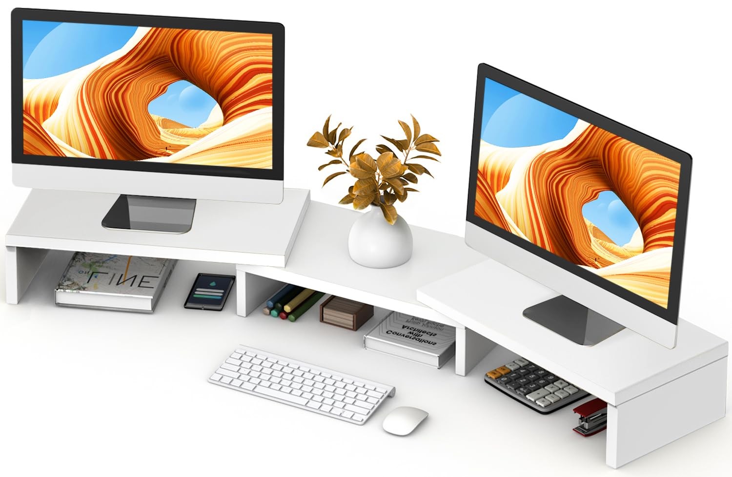 White Dual Monitor Stand Riser, 2 Monitors, Max 43.3 L, Desktop Organizer, PC