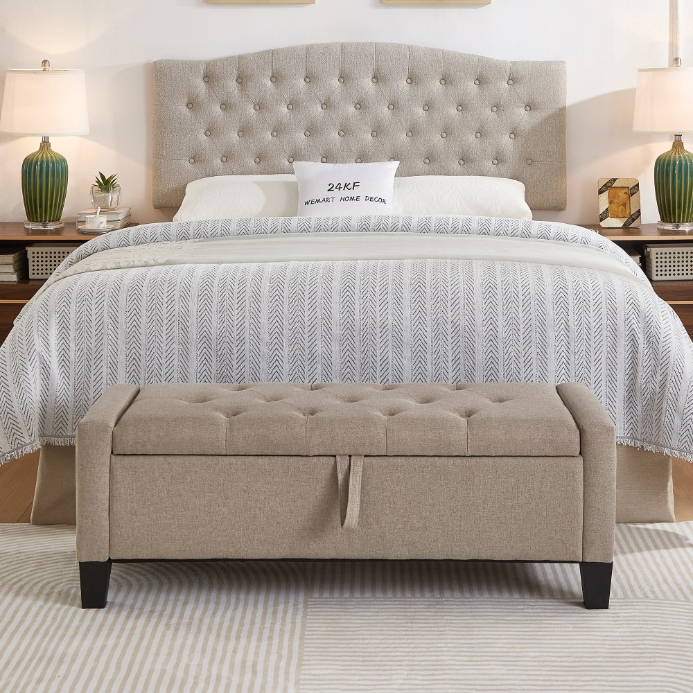 Storage Ottoman Bench w/ Safety Hinge, 350lb Capacity, Linen Upholstered