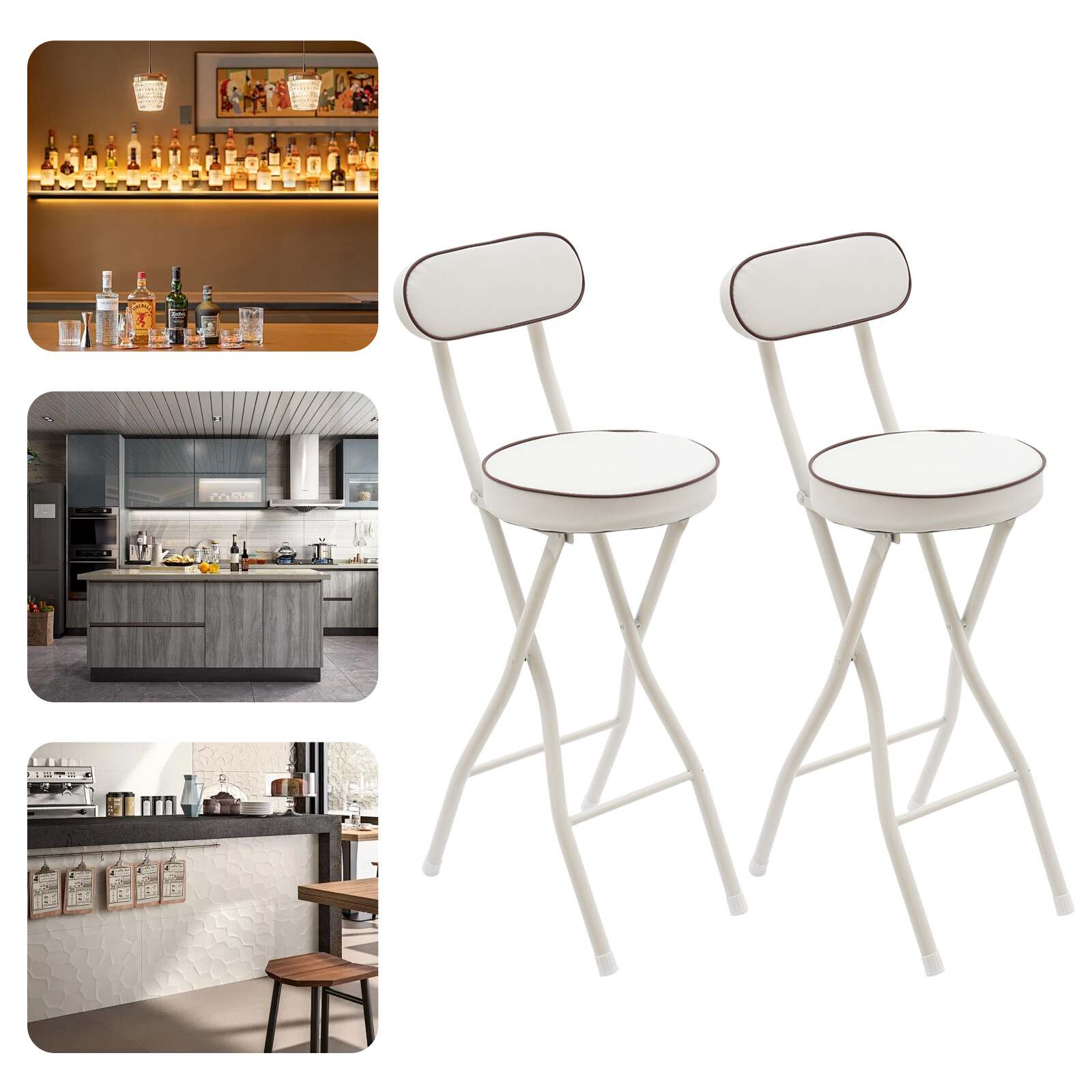 2PCS Bar Stool Portable Folding Stool Padded Folding High Chairs White Modern
