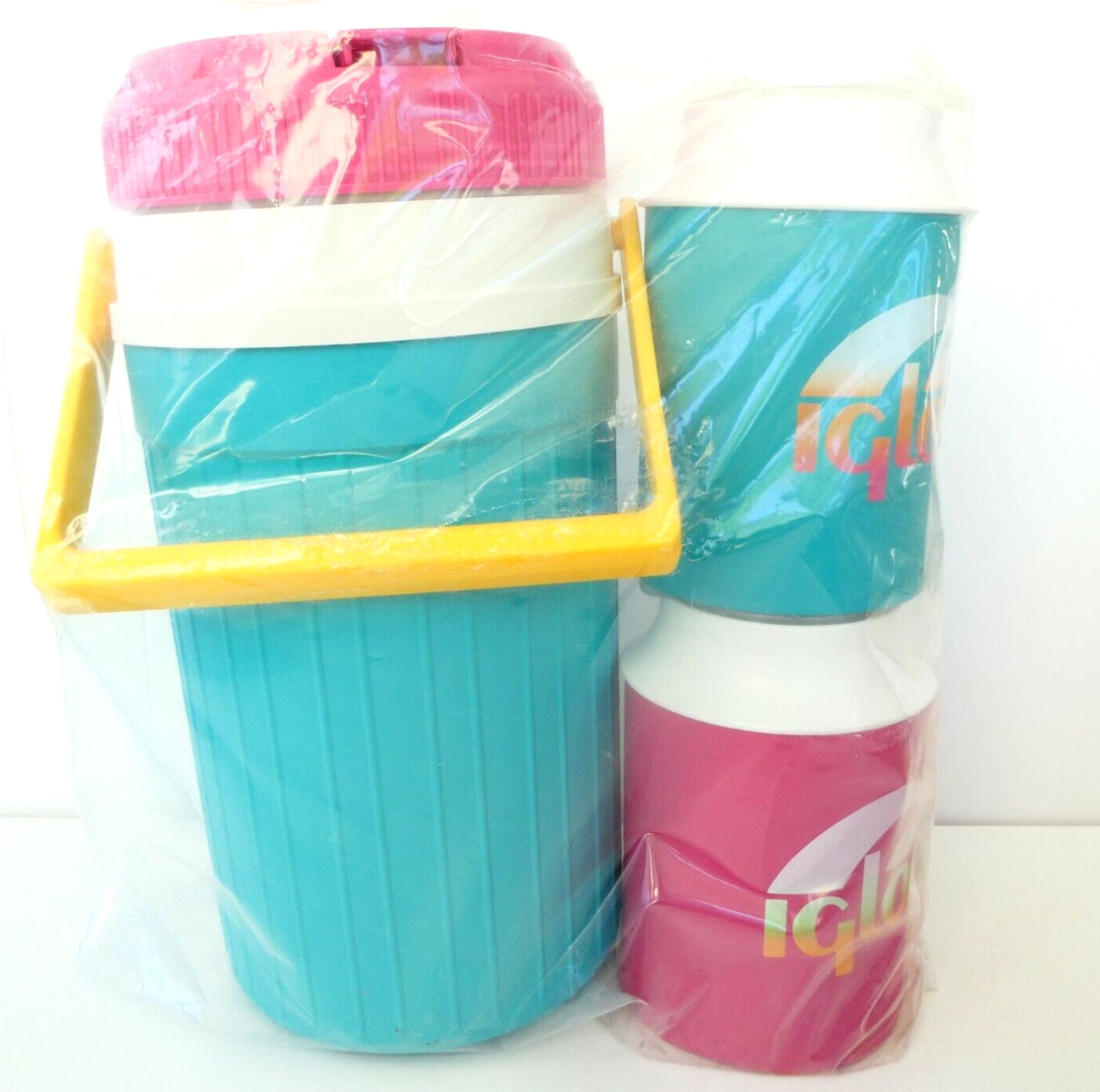 Igloo 1/2 Gallon Jug Pink Teal Neon and 2 Beverage Beer Koozies 1990s VTG  NEW