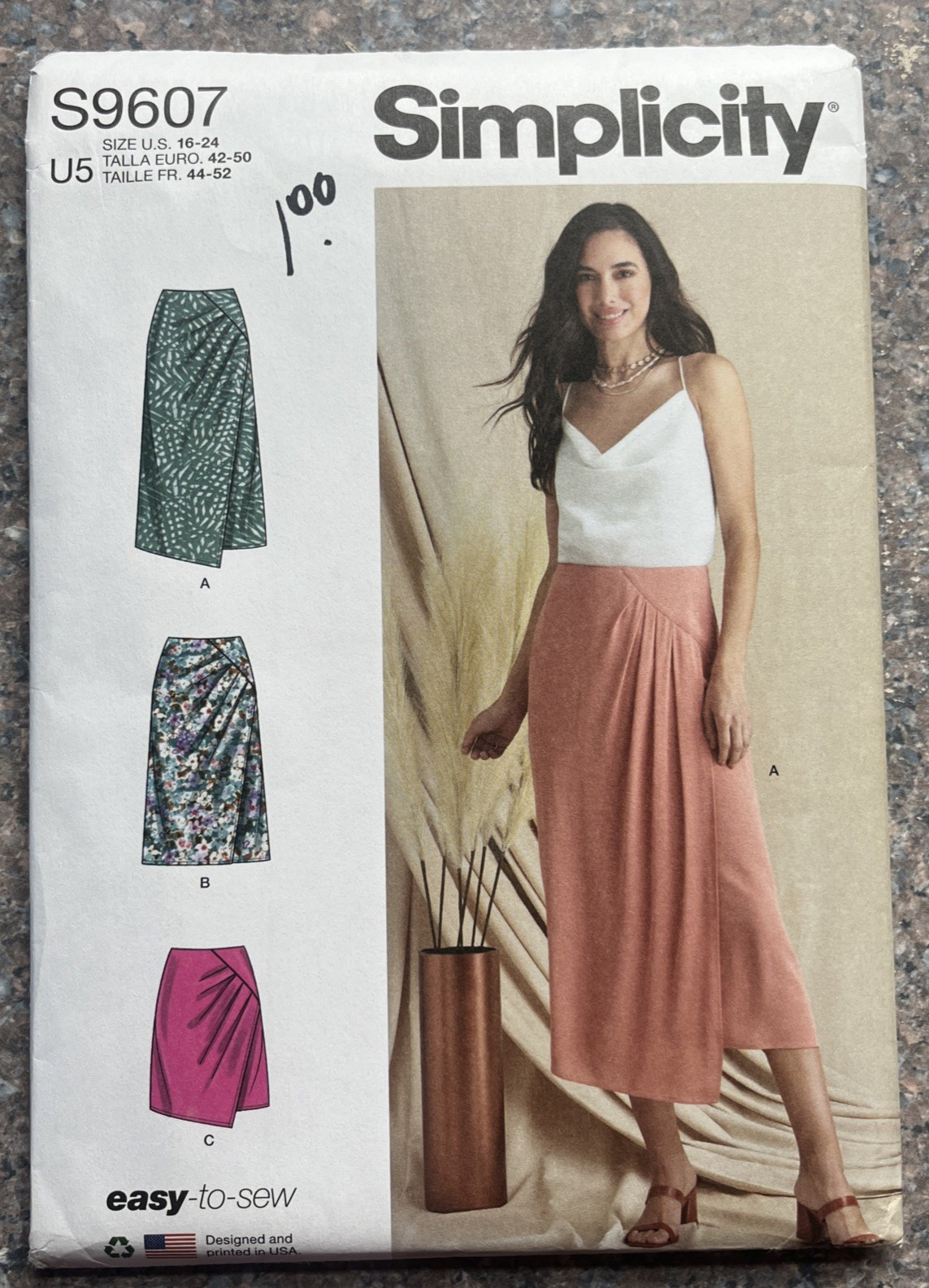 Simplicity S9607 sewing pattern Faux Wrap Skirt Pleated Side Sz 16-24 UNCUT
