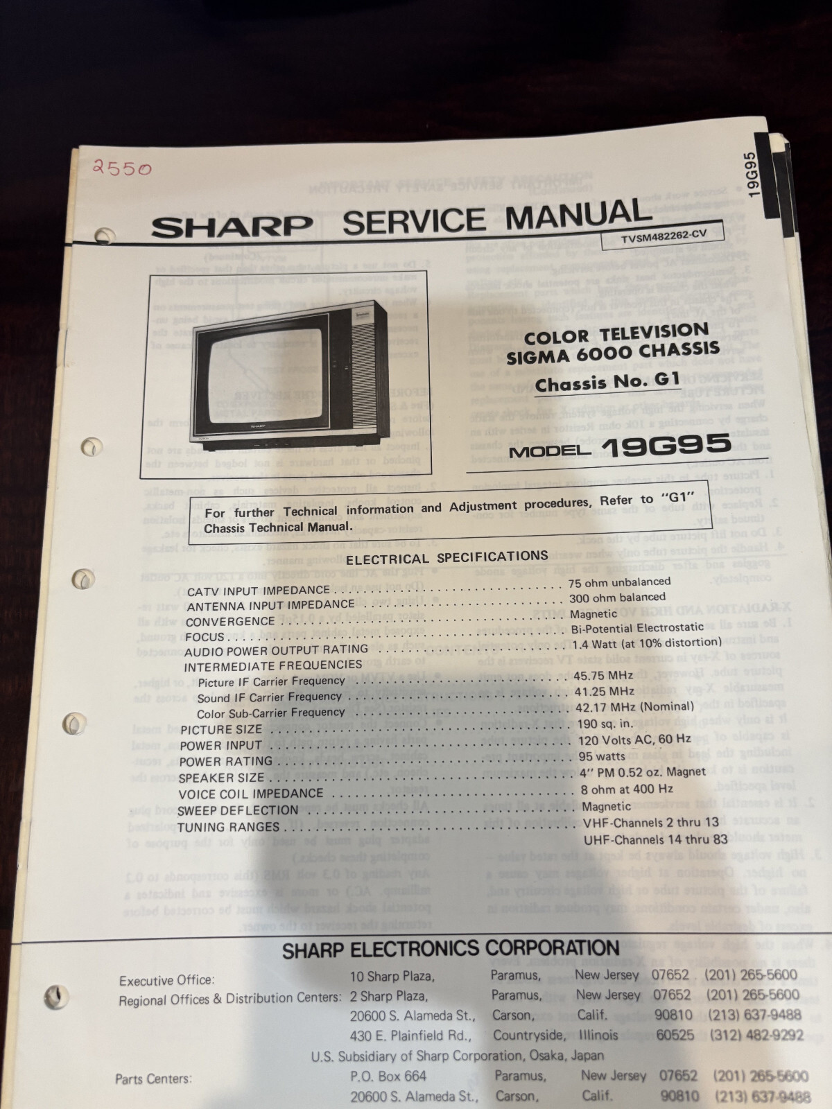 ORIG. SHARP 19G95 TV Repair & Service Manual *ORIGINAL*