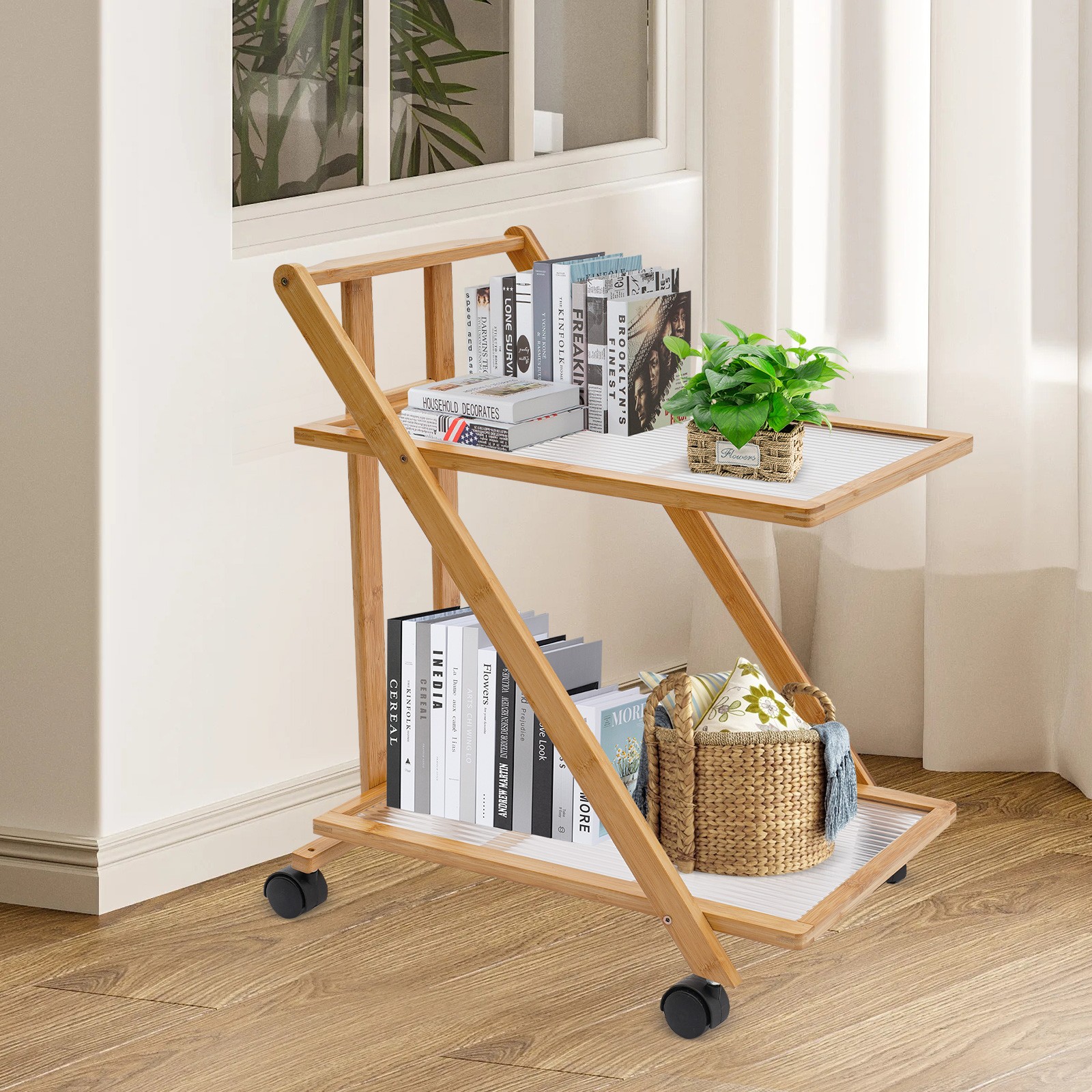 2 Tiers Bamboo Storage Rack, Floor Standing Storage Stand, Foldable Storage Rack