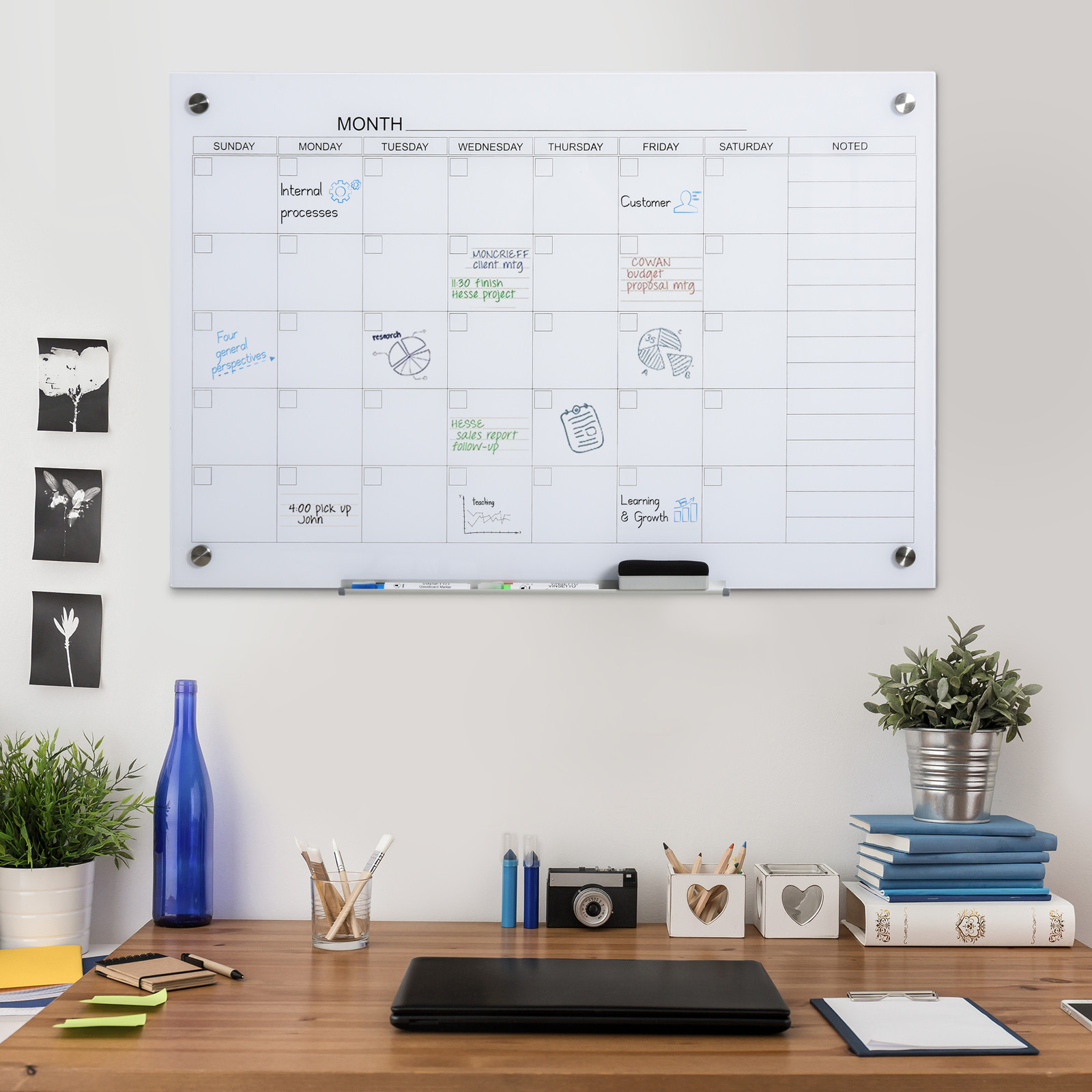 Wall Mounted Glass Organizational Daily Activity Board w/Markers and Dry Eraser