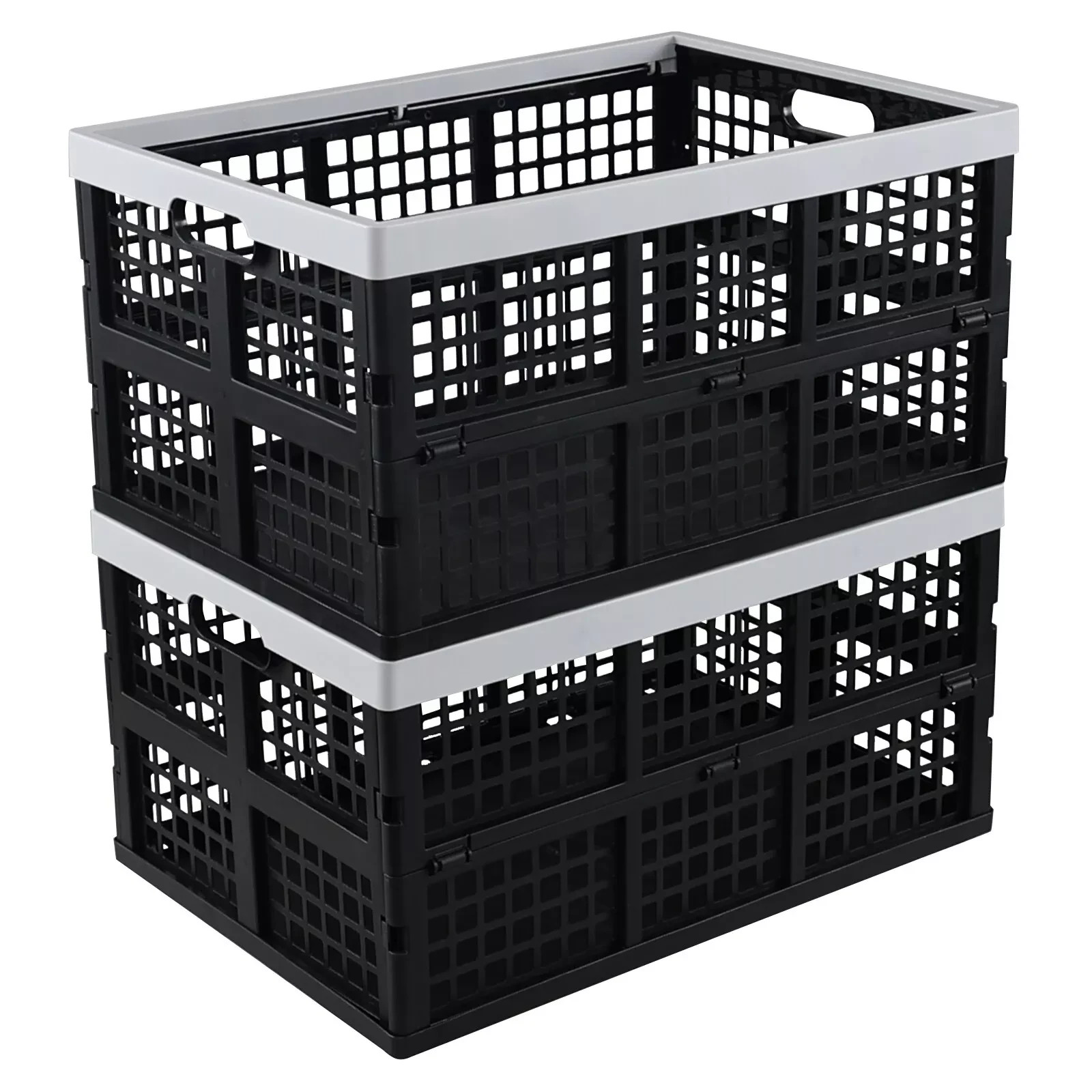 Large 42 Liter Plastic Folding Collapsible Crate for Storage Black 2 Pack