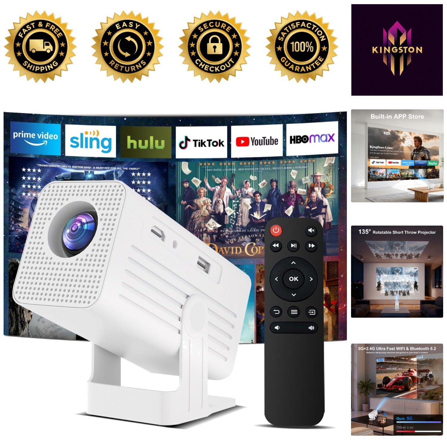 Smart Projector with Bluetooth 5.2, Built-in Apps & Auto Keystone - Home Theatre