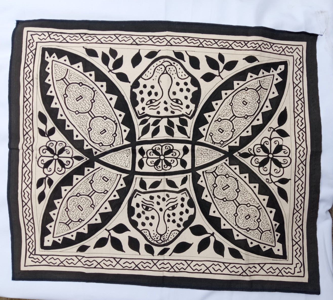 Shipibo Native painted  jaguar  Cloth 31"x27"