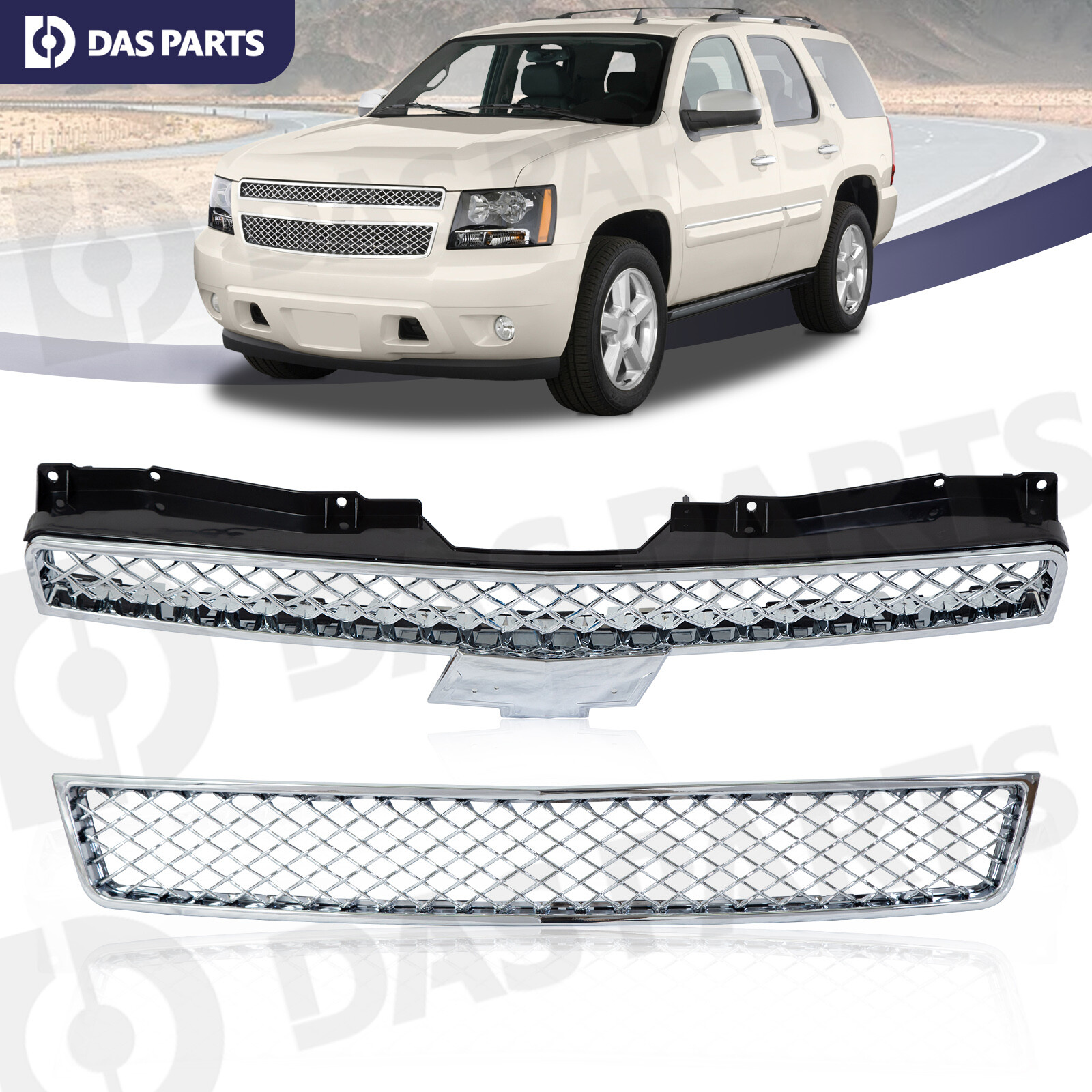 Chrome Upper Lower Grille For 2007-2013 2014 Chevy Tahoe/Suburban LTZ 1500 2500