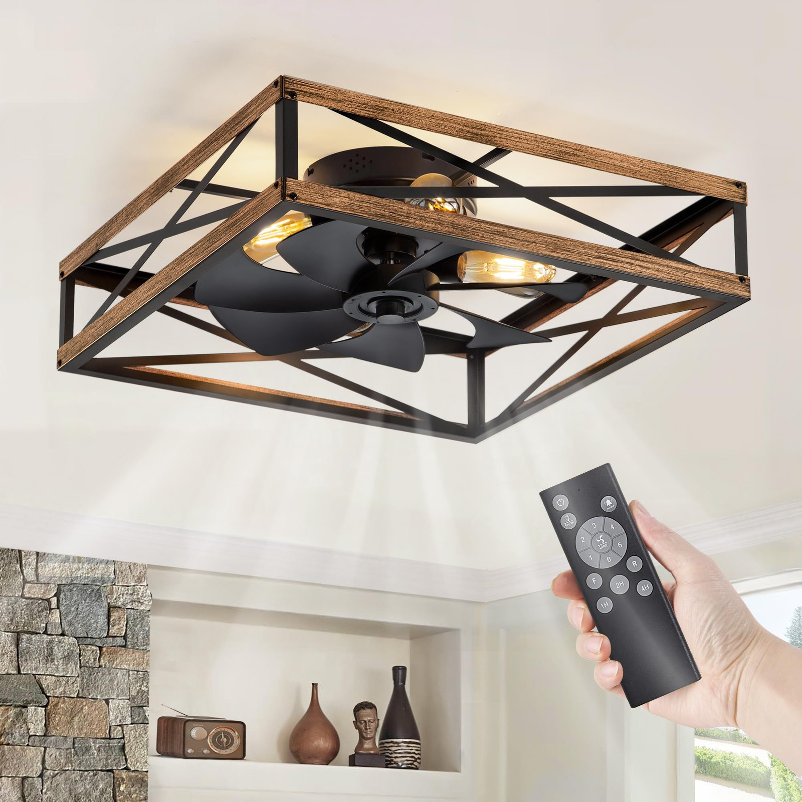 LEDIARY 23” Caged Flush Mount Square Ceiling Fans with 23 Inch, Wood Grain
