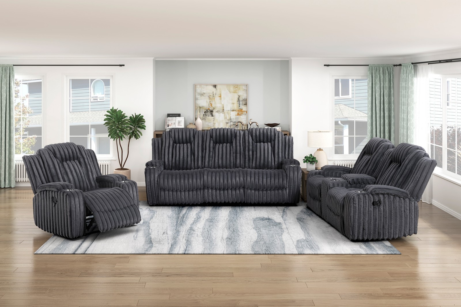 Reclining Sofa w/ Cup Holders Dark Gray Corduroy 3 Seater Living Room Furniture