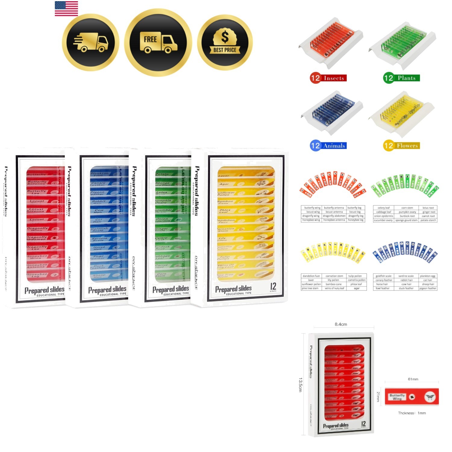 48 Prepared Microscope Slides Set of Animals Insects Plants Flowers, Biologic...