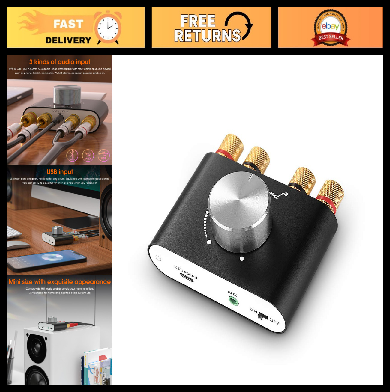 Mini Bluetooth 5.0 Power Amplifier 50W×2 Stereo Hi-Fi Digital Amp AUX/USB Input