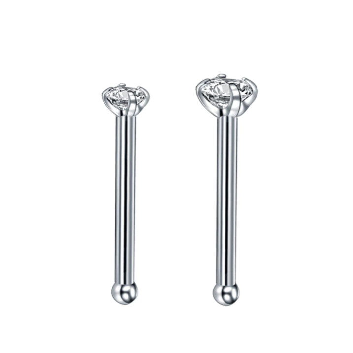 20G 2MM Round Crystal PRONG SET CZ CLEAR GEM Solid Titanium NOSE BONE STUD RING