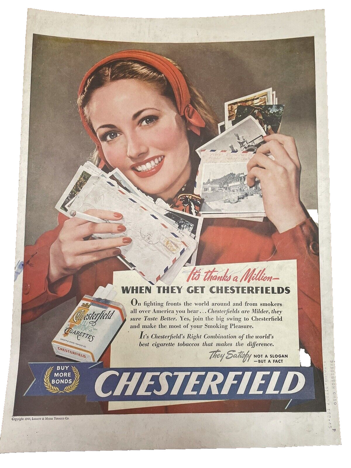 1944 Chesterfield Cigarettes Print Ad Pretty Girl Gets Mail From Soldiers WWII
