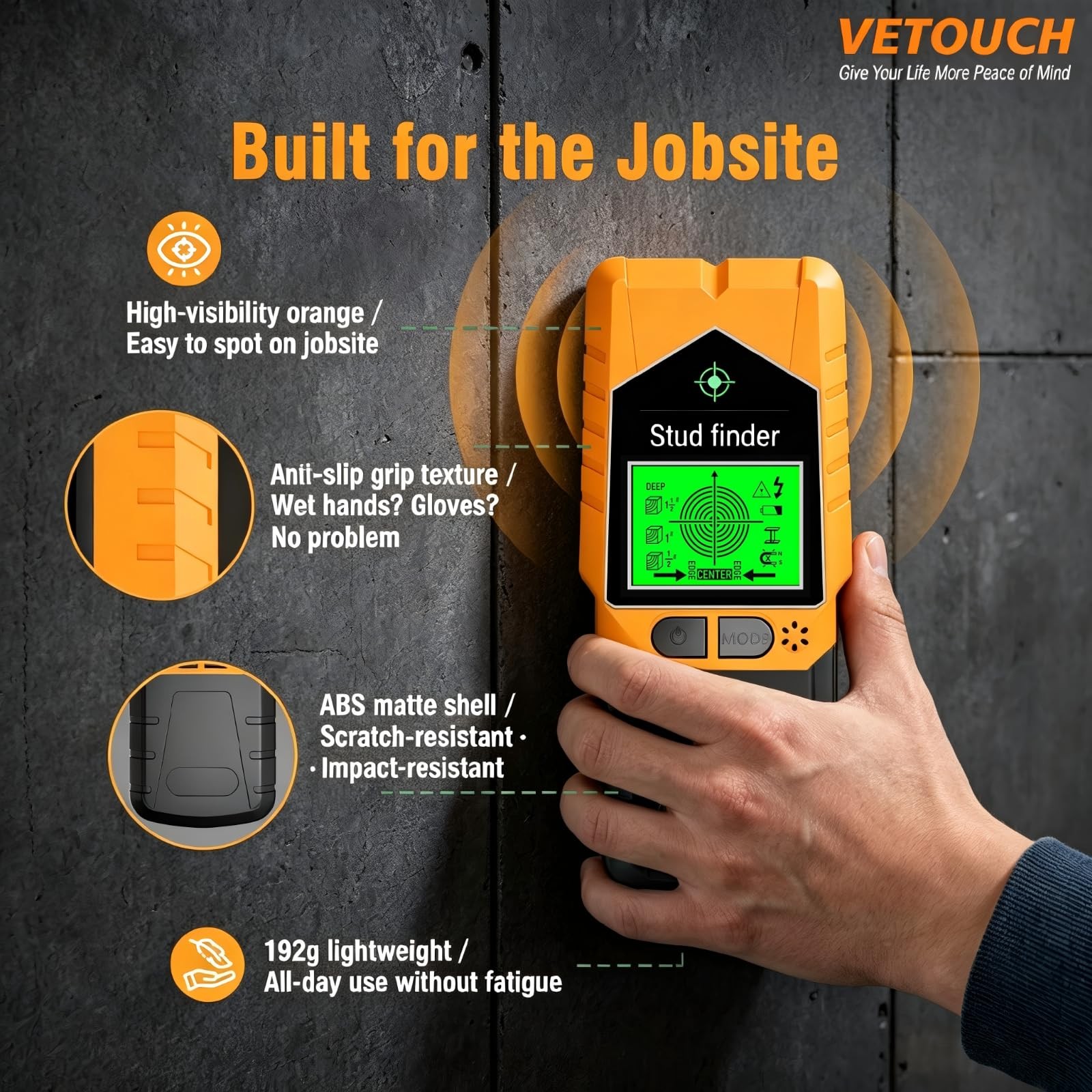 VETOUCH Orange Black Stud Finder Wall Scanner LCD Display