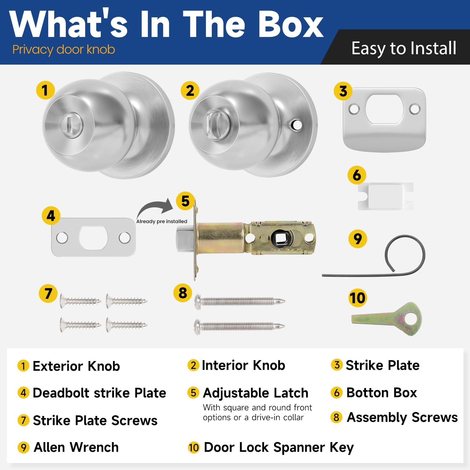 RAFECIEE Privacy Door Knob Keyless Knobs Interior 1 Pack, Satin Nickel