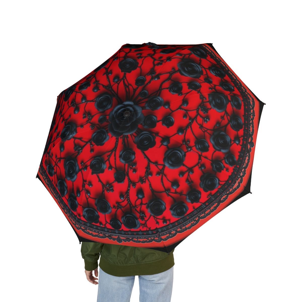 Red Black Gothic Umbrella Waterproof Folding Compact Flower Printed Umbrella