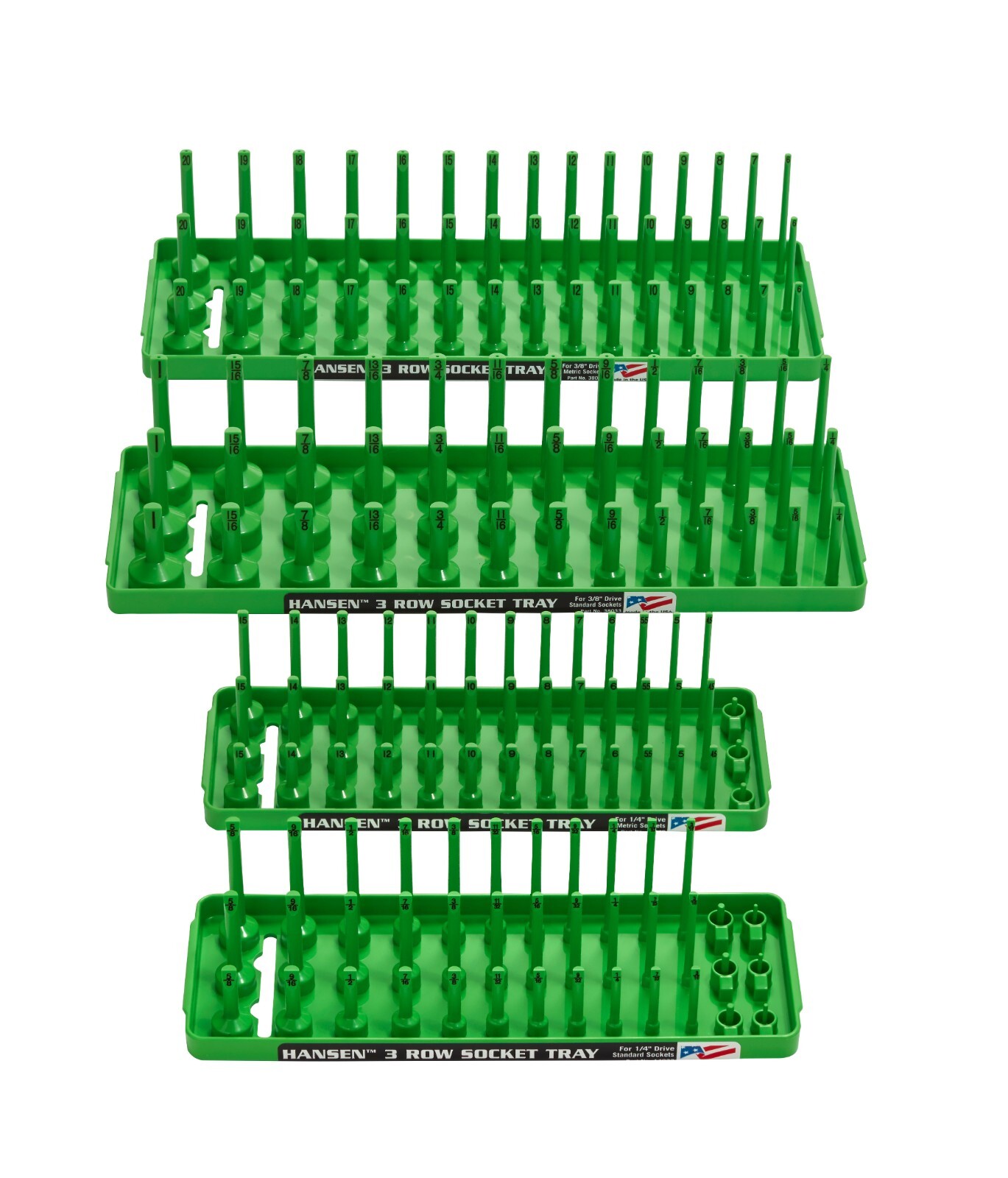 Hansen 4pc Socket Holder Tray Organizer Set 3 Row 1/4" 3/8" Deep Shallow Green