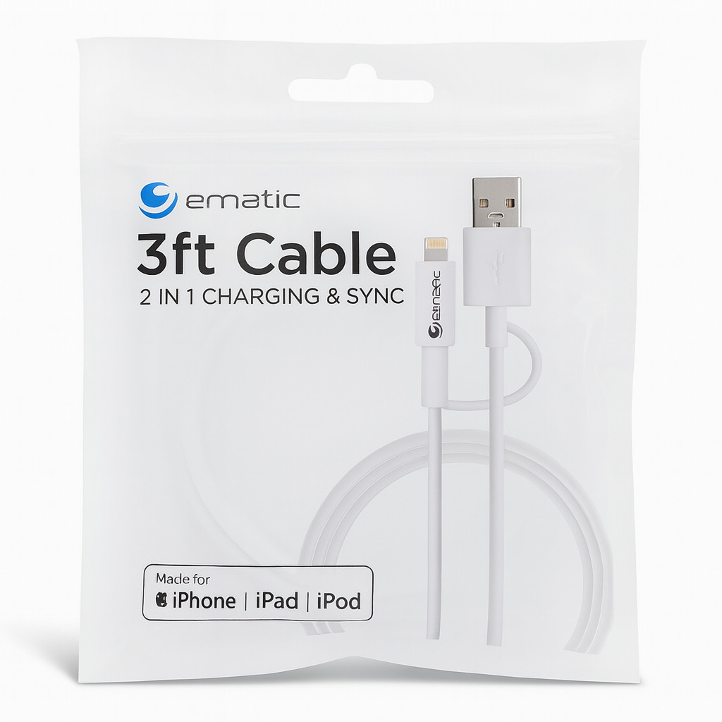 Ematic ELD320 3ft 2-in-1 Lightning & Micro USB Cable MFI Certified