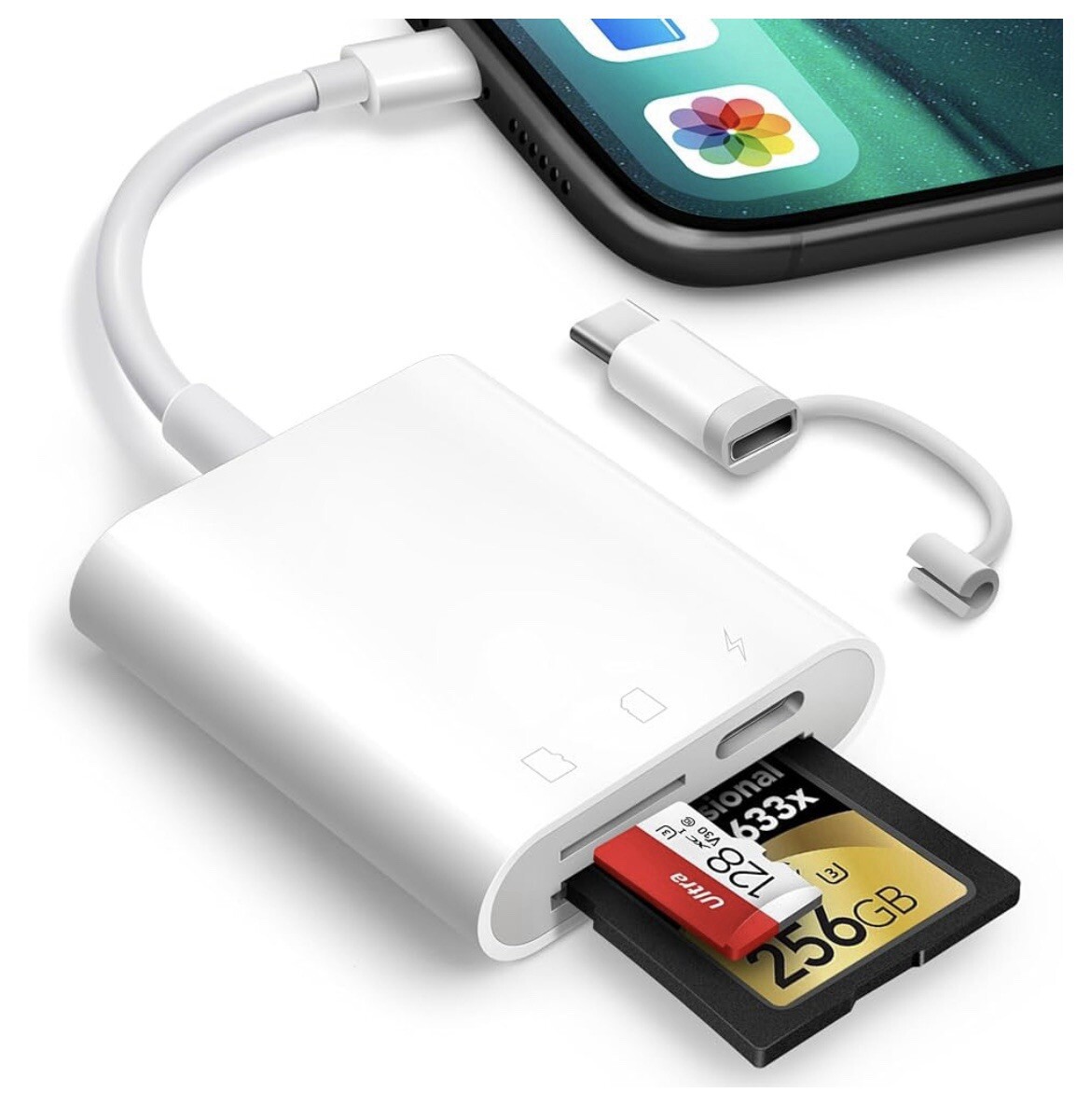 Card Reader. New. Qyuiasle SD Card Reader iPhone/iPad. Manual. Made in China.