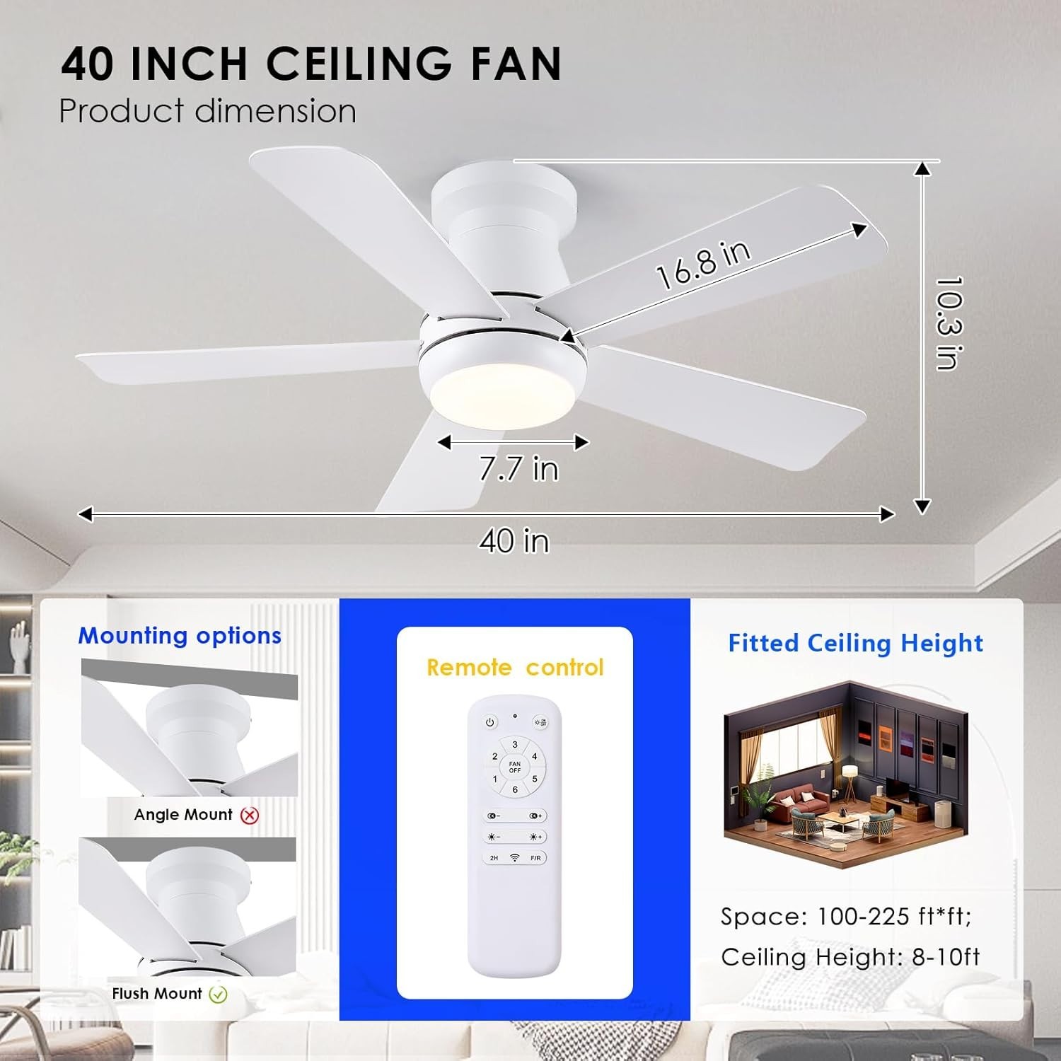 40in Ceiling Fan with Light Remote Dimmable 6 Speed DC Flush Mount