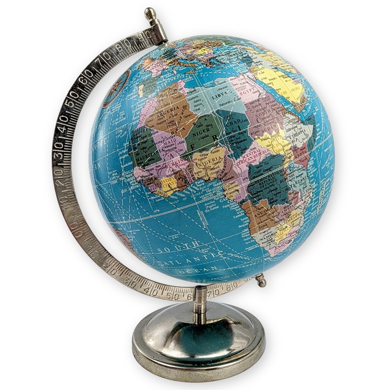 ​Artisan Handmade 10" Chrome World Globe - Modern Desktop Decor - Post-2011