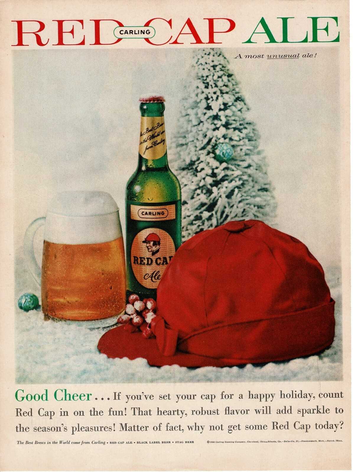 1959 Carling RED CAP ALE Beer Flocked Christmas Tree Vintage Print Ad