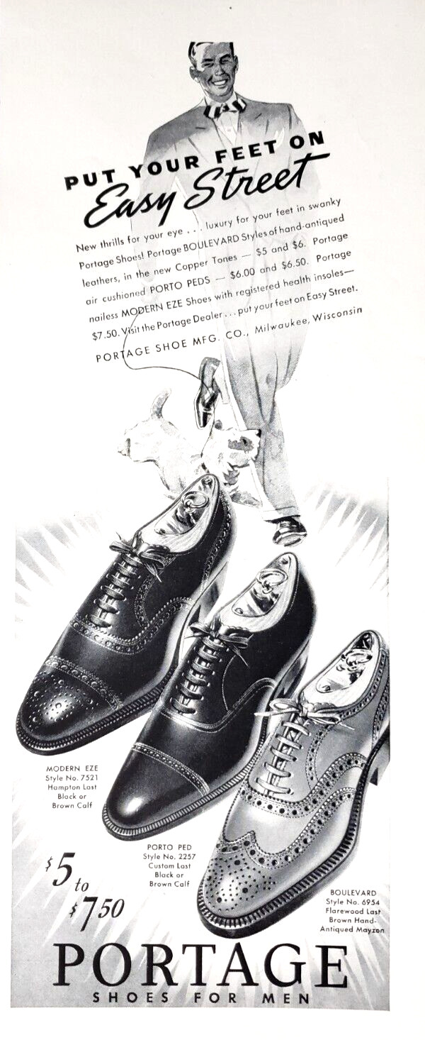 PRINT AD Portage Shoes for Men 1939 5x13 Wingtip Terrier Dog Milwaukee WI