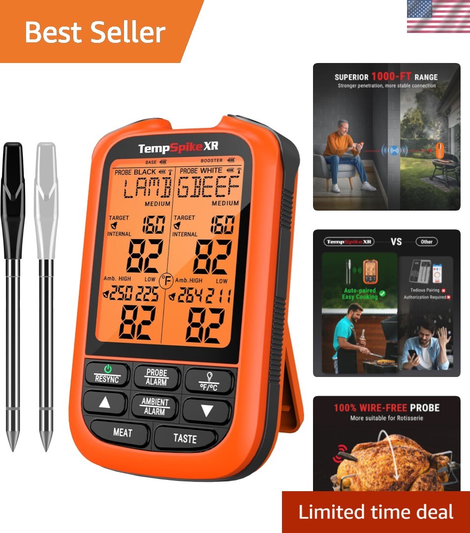 1000FT Wireless Meat Thermometer Digital with 2 Upgraded Ultra-Thin Probes, K...