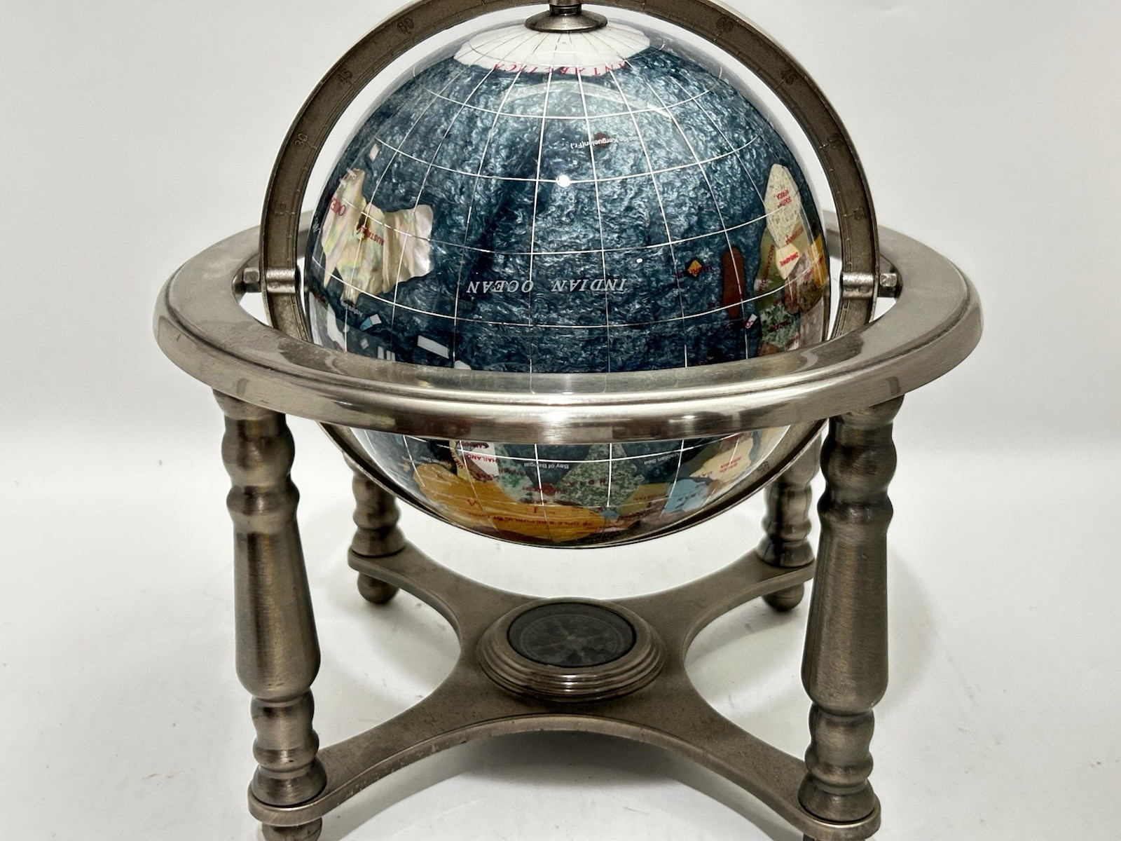 Blue Table Top Gemstone World Globe Silver Tripod