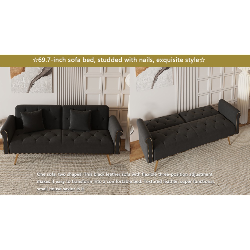 69.7" Black Velvet Sofa Bed - Nail Head Trim + Matching Throw Pillow