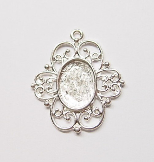 20- 14x10mm Shiny Silver Floral Flower Pendant Settings 4Cameo Cab Glass 31x28mm