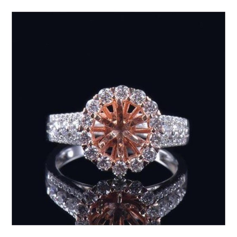 7mm Round Semi Mount Ring 925 Sterling Silver Two Tone Halo Thick Pavé Shank