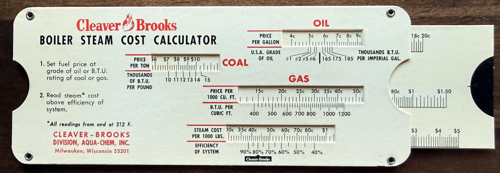Vintage 1965 CLEAVER-BROOKS Boiler Steam Cost Calculator Slide Rule