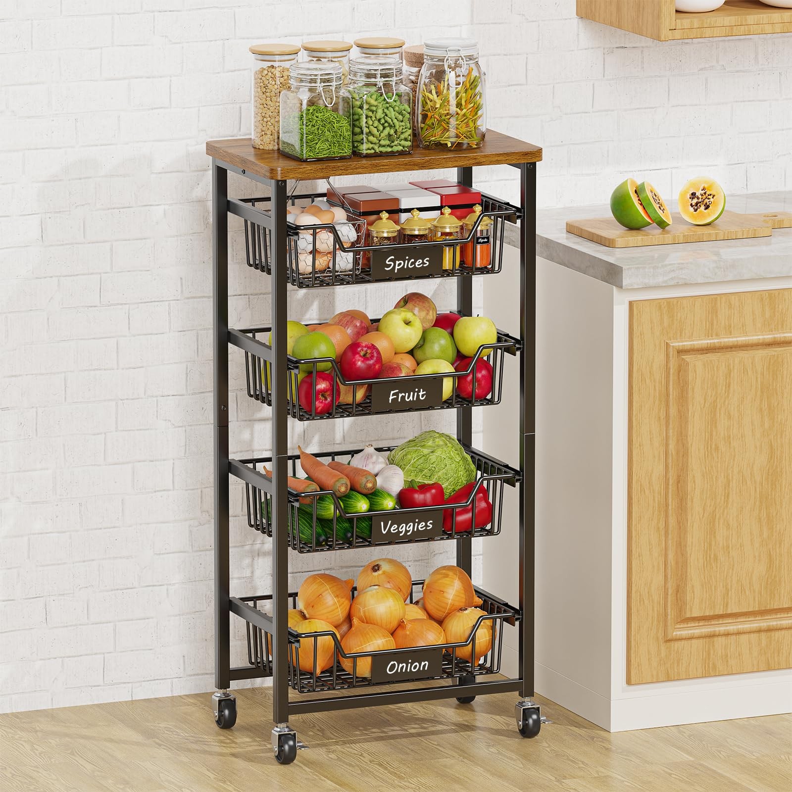 5tier Vegetable Fruit Basket Kitchen Storage Rolling Cart On Wheels With Pullout