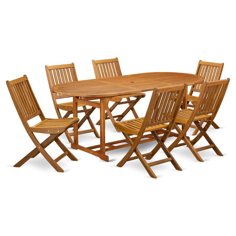 East West Furniture Beasley 7-piece Patio Dining Set w/ Slat Back in Natural Oil