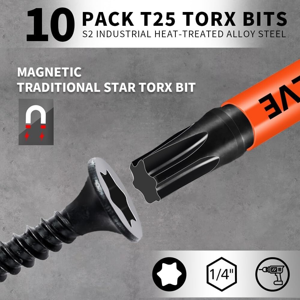 10-Pack T25 Torx Bits for Impact Driver Torx Bit Set 2''Long Profession Star Bit