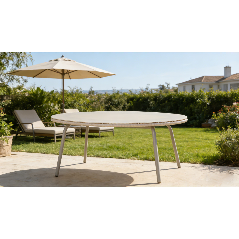 Off-White Round Outdoor PE Rattan Glass Dining Table Elevate Your Patio & Garden