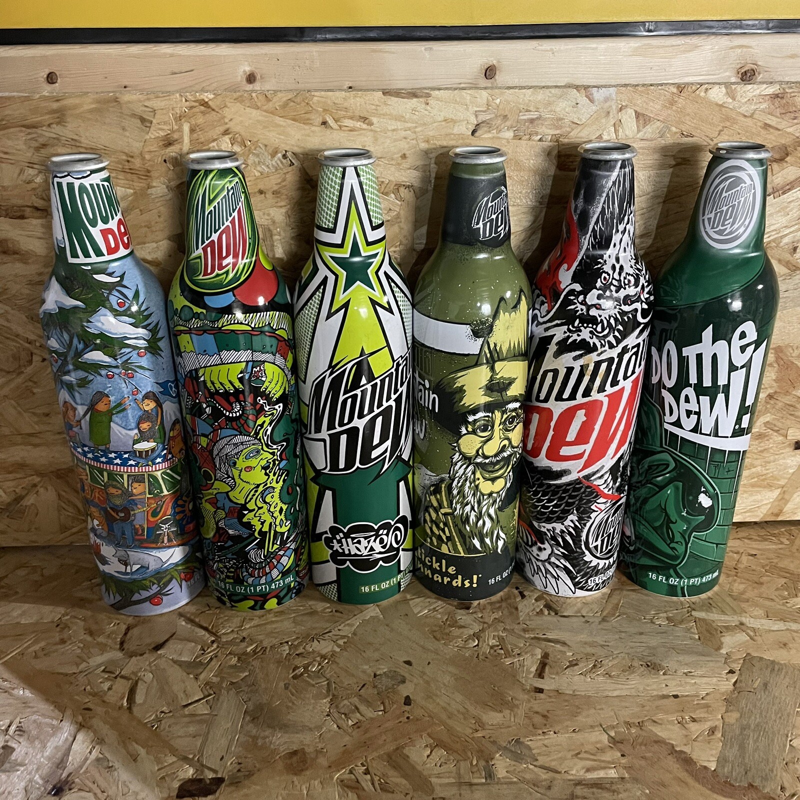 2008 Mountain Dew Green Label Art 16oz Aluminum Bottles Lot Of (6)