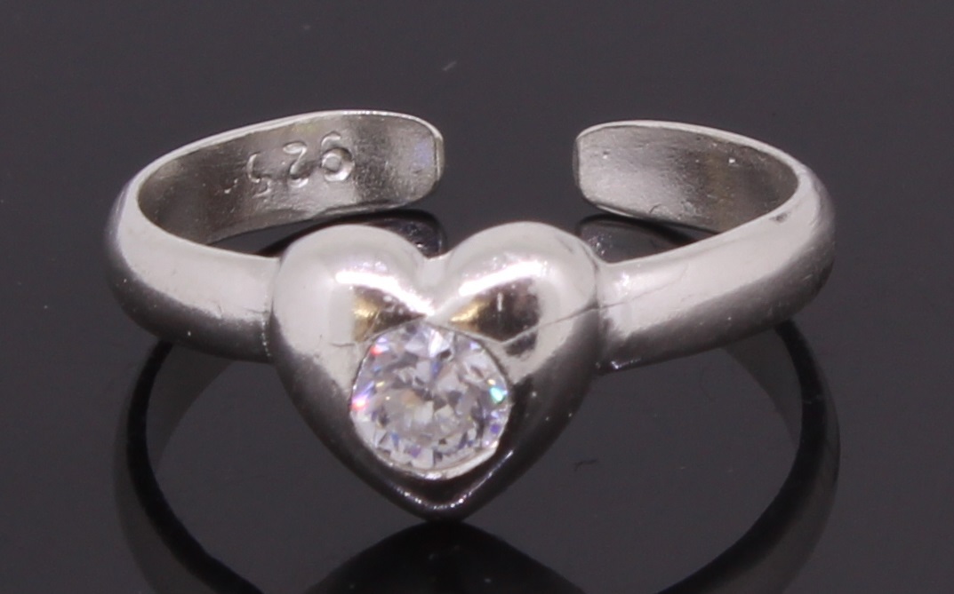 Toe Ring  Sterling Silver Heart Shaped Adjustable With Cubic Zirconia