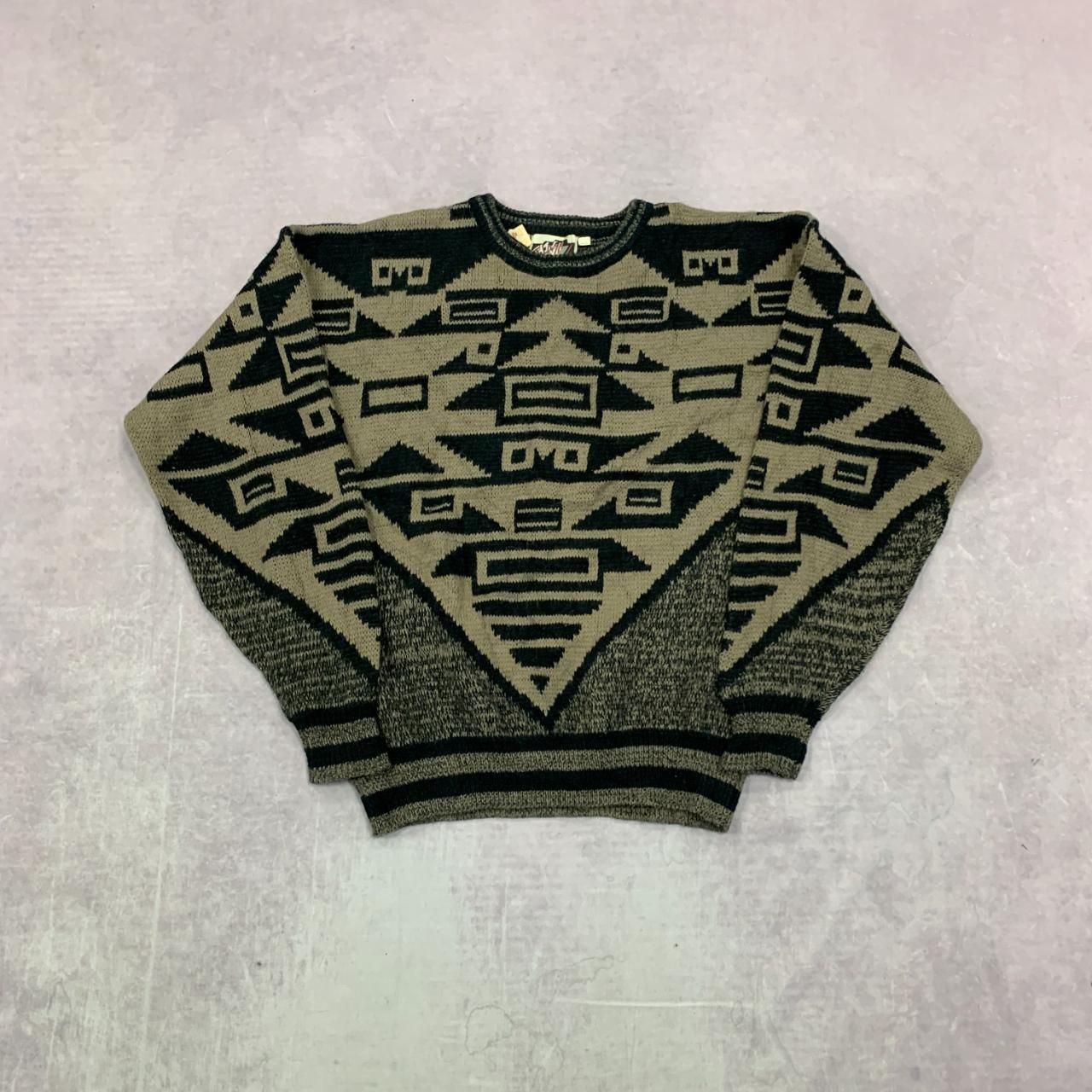 Vintage abstract knitted jumper Patterned Grandad chunky knit sweater Men's L